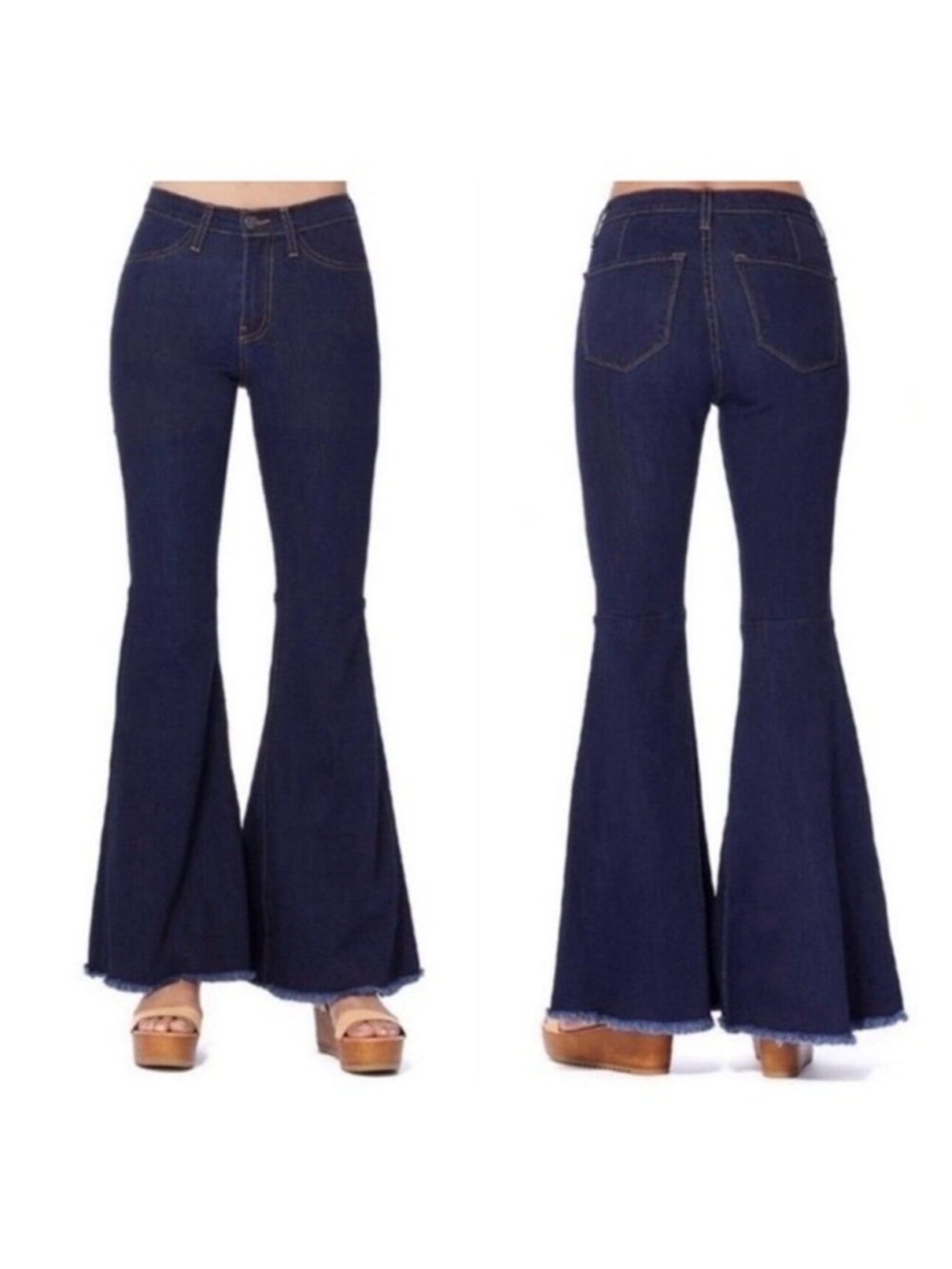 Dark Wash Bell Flare Jeans with a Raw Hem Size 13/31